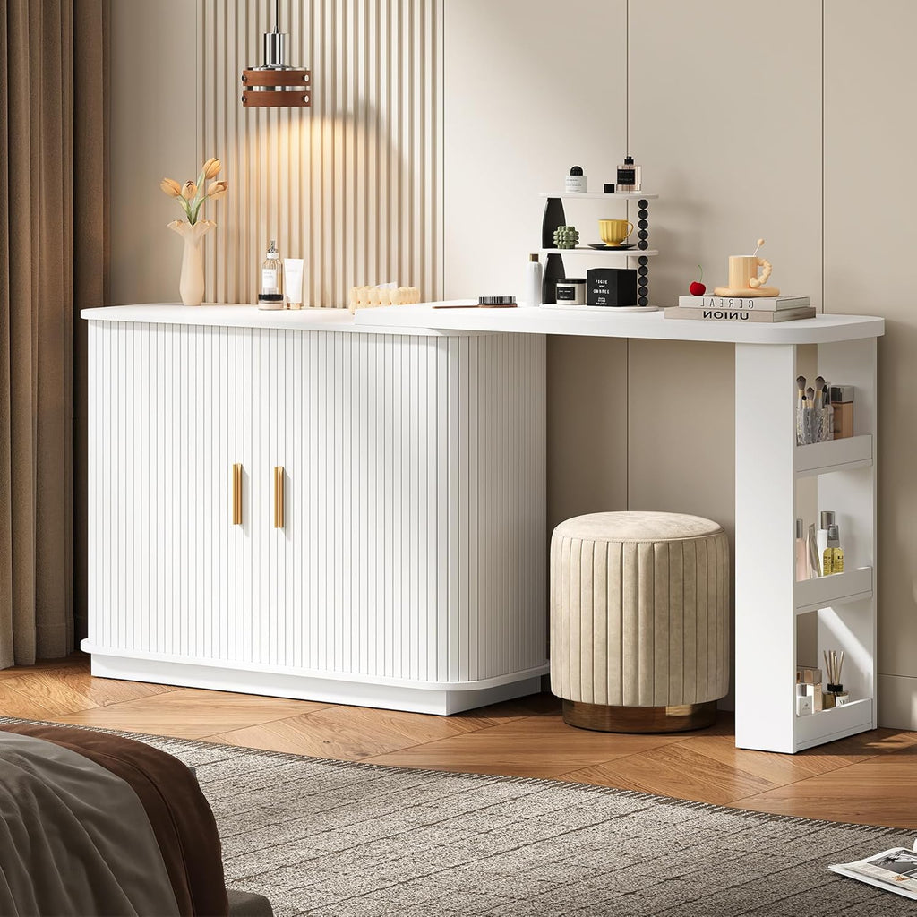 RoyalCraft 68' Extendable Makeup Vanity Desk, Modern L-Shaped Corner Vanity Desk with Silding Door, White Fluted Makeup Table with Curved Desktop and Adjustable Shelf, Wood Dressing Table for Bedroom
