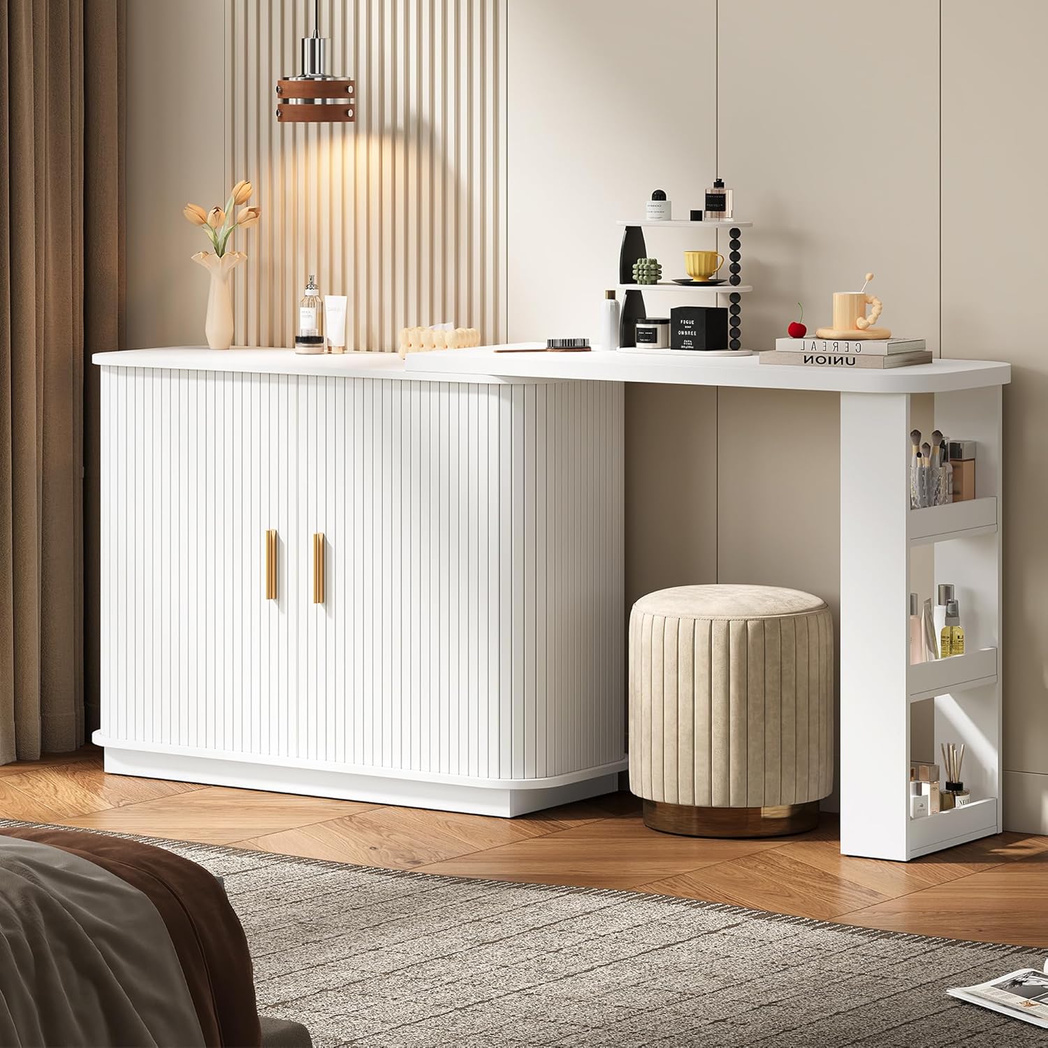 RoyalCraft 68' Extendable Makeup Vanity Desk, Modern L-Shaped Corner Vanity Desk with Silding Door, White Fluted Makeup Table with Curved Desktop and Adjustable Shelf, Wood Dressing Table for Bedroom
