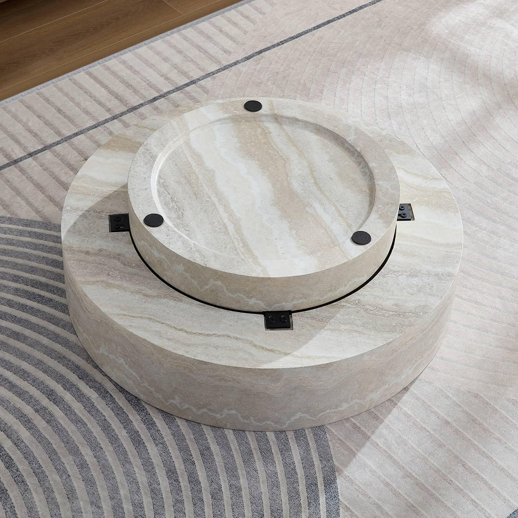 Round Coffee Tables for Living Room, Faux Mars Pattern Pedestal CoffeeTables Mid Century Modern Minimalist Side Tables Travertine Stone Pattern Accent End Table for Apartment, Office Fibgerglass Beige