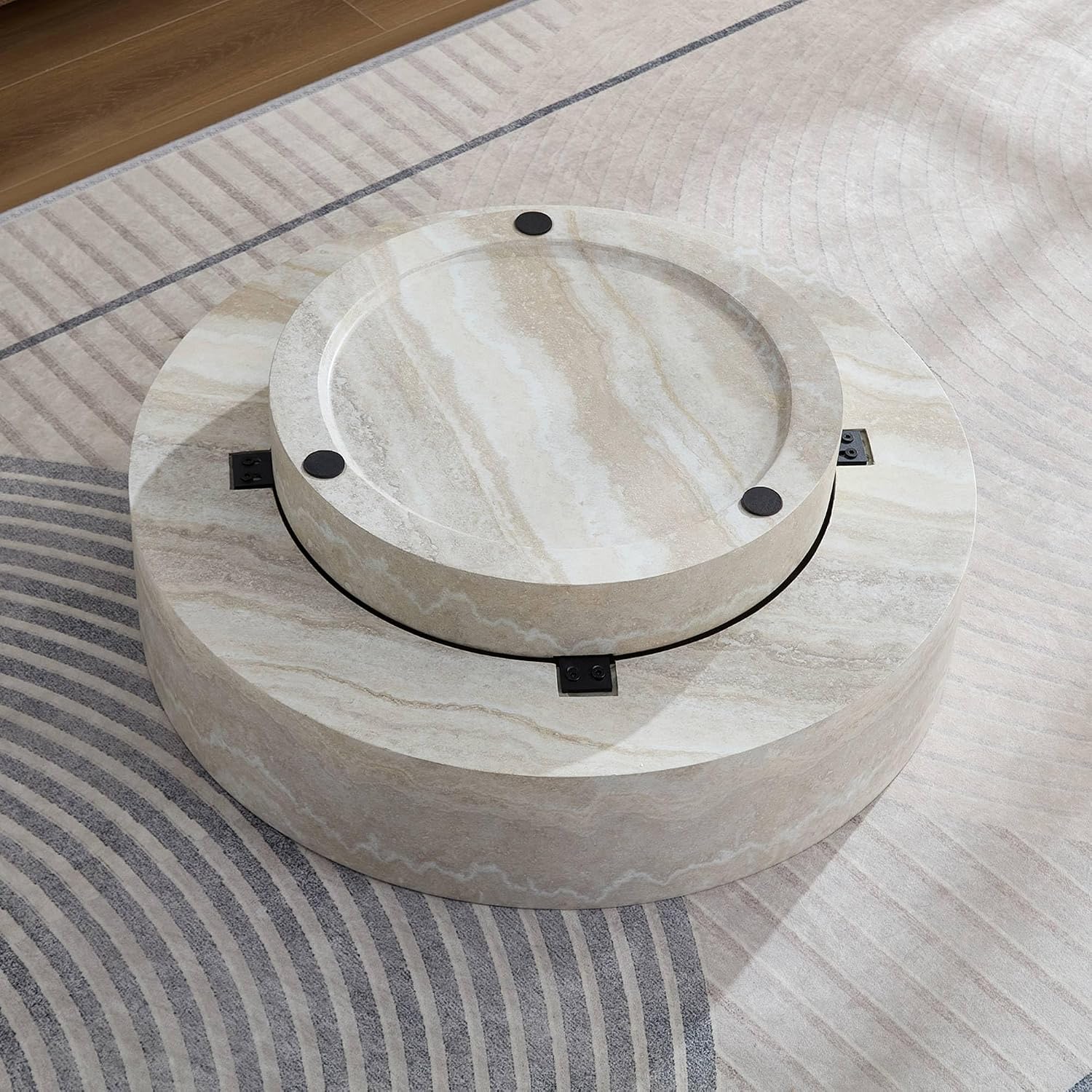 Round Coffee Tables for Living Room, Faux Mars Pattern Pedestal CoffeeTables Mid Century Modern Minimalist Side Tables Travertine Stone Pattern Accent End Table for Apartment, Office Fibgerglass Beige