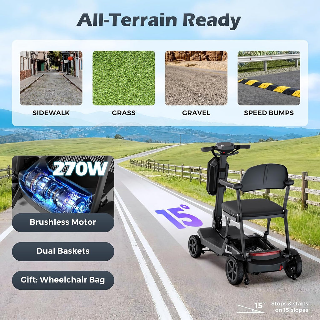 Lightweight Mobility Scooter for Seniors & Adults - 37.5lb Aluminum Frame, Dual Batteries 24.8 Miles Range, Cruise & Airline Approved, Foldable Portable Motorized Scooters, No Assembly Needed, Black
