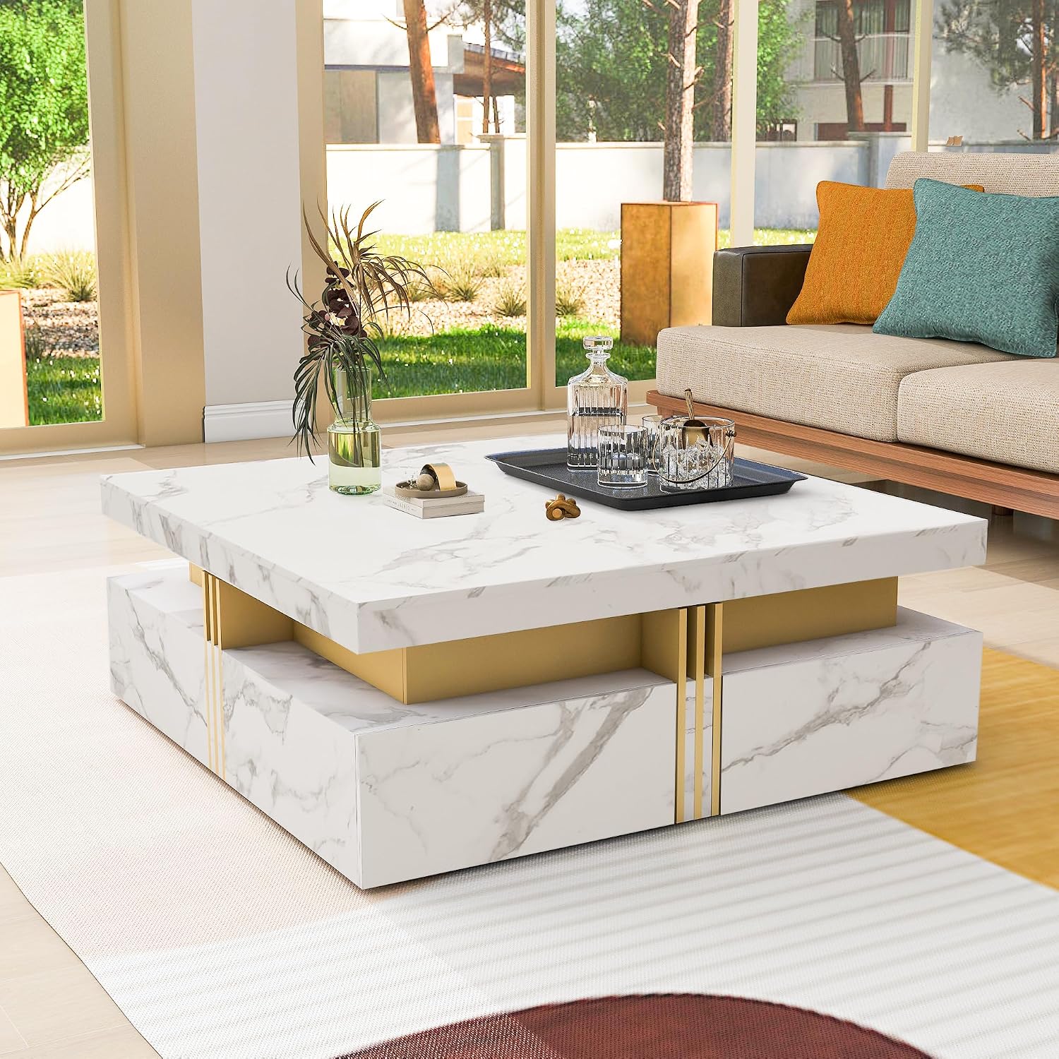 Modern White Square Storage Coffee Table with 4 Drawers for Living Room