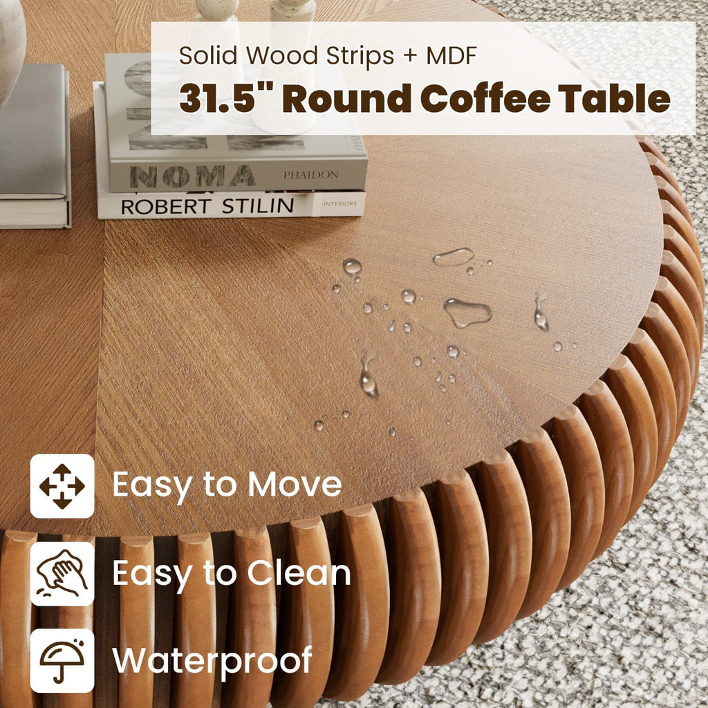 31.5' Drum Coffee Table Modern Unique Fluted Tea Table Contemporary Wood Round Coffee Table with Fluted Centry Table for Living Room Walnut (31.5' Brown)