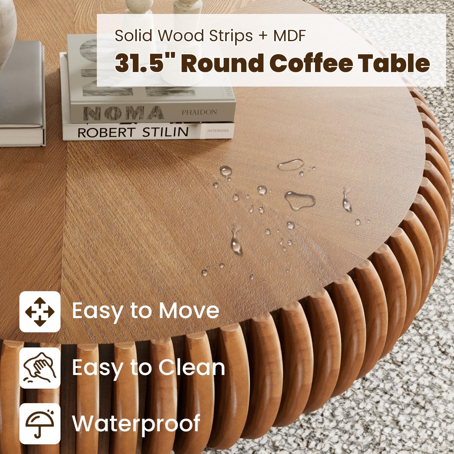 31.5' Drum Coffee Table Modern Unique Fluted Tea Table Contemporary Wood Round Coffee Table with Fluted Centry Table for Living Room Walnut (31.5' Brown)