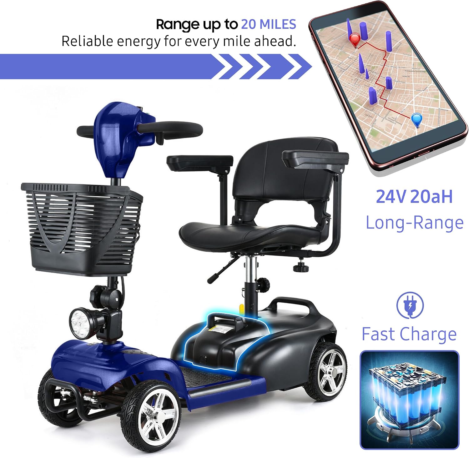 DECOMIL Mobility Scooter for Seniors – 20 Miles Range, 4 Wheel Foldable Electric Scooter, 24V 20Ah Battery, 300W Motor, 285 lbs Capacity, Travel Scooter with USB Charging Input,