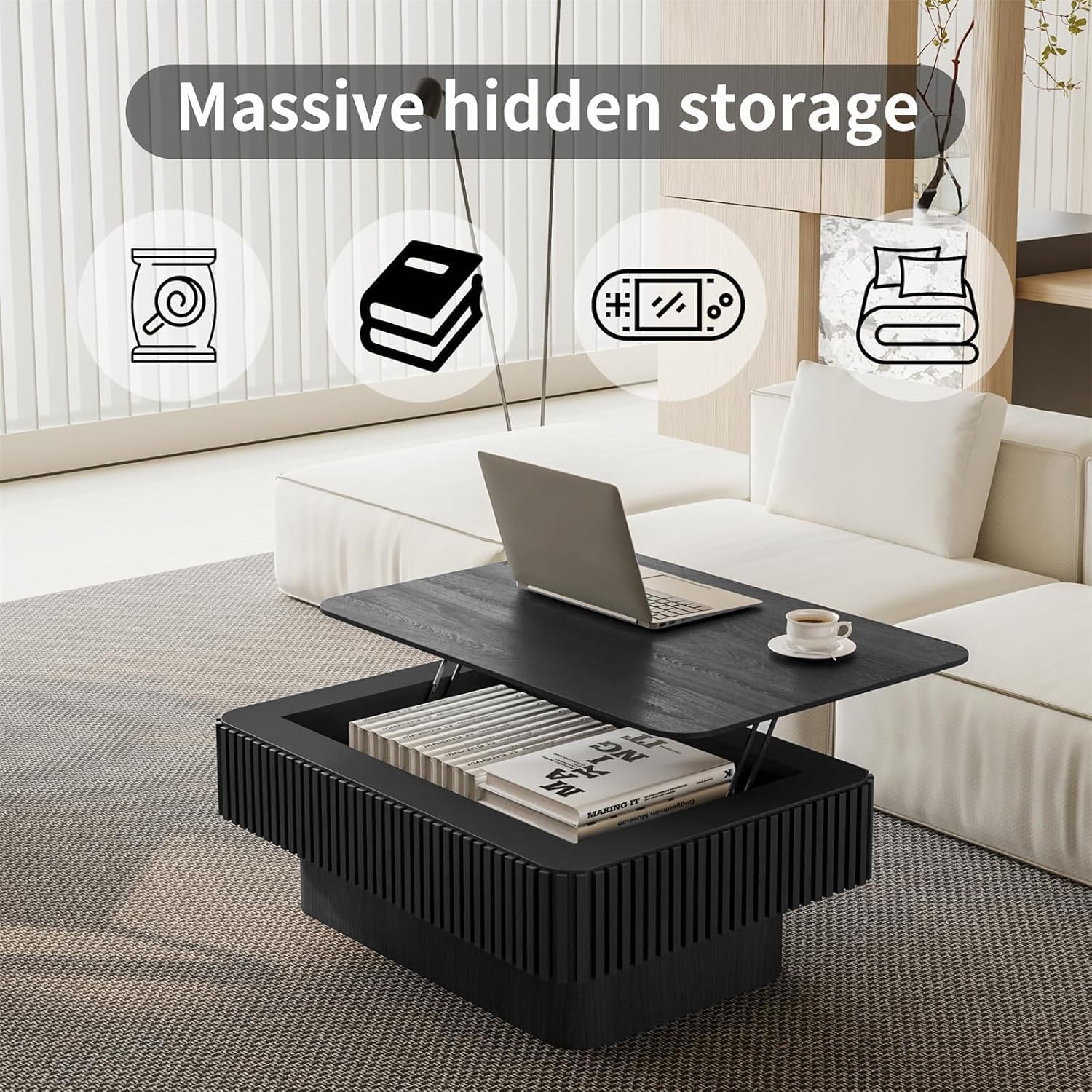 LKTART Lift Top Coffee Table for Living Room, Mid Century Modern Coffee Table with Hidden Storage, Solid Wood Veneered Rectangle Center Tea Table for Small Space Apartment (38.6''L×14''H-Black)