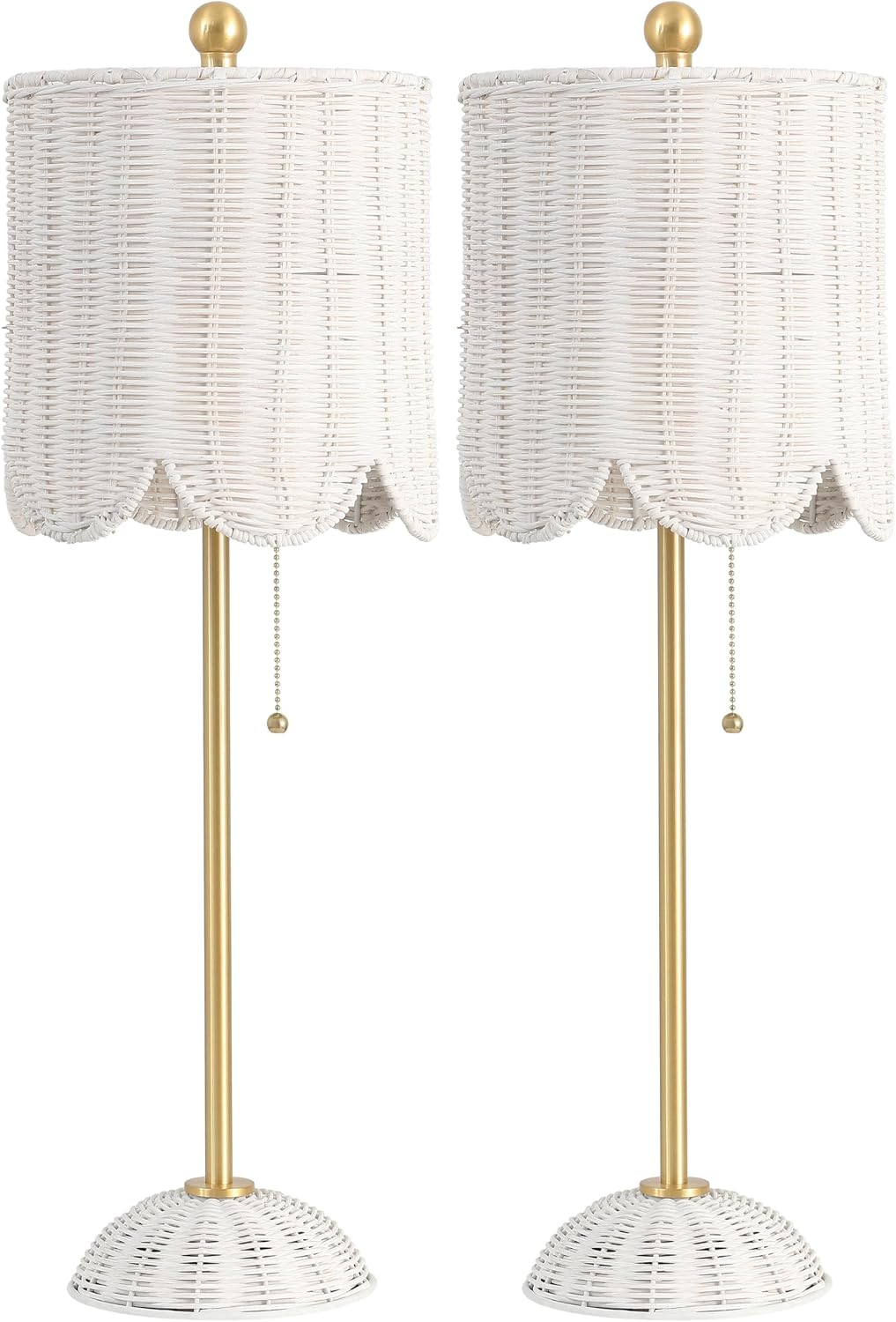 JONATHAN Y 27.5' White/Brass Gold Coastal Buffet Table Lamp Set of 2 for Bedroom, Boho Table Lamps with Natural Rattan Scalloped Shade, Pull Chain, LED Bulbs Included (JYL1138B-SET2)