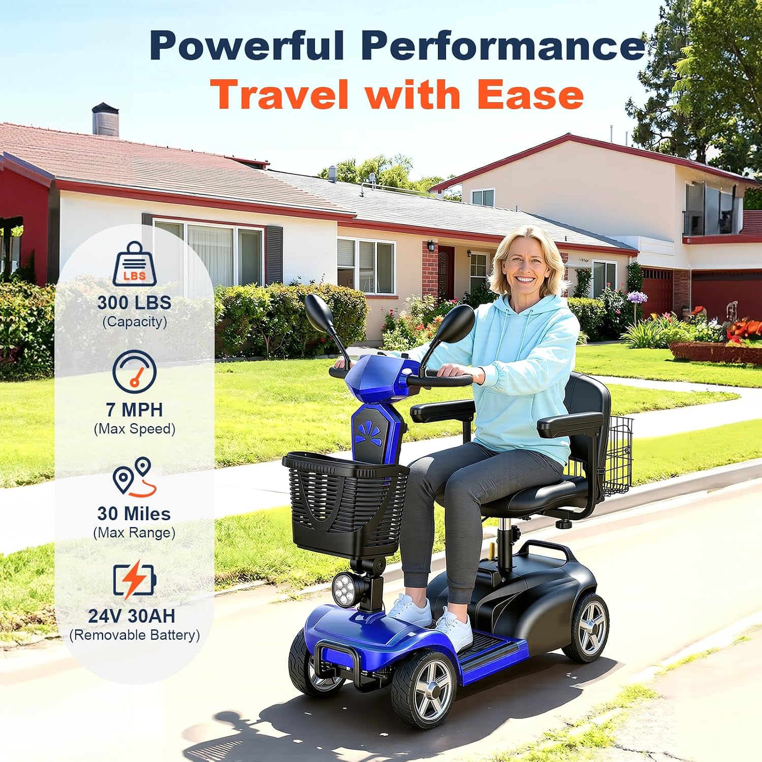 15/25/30/50Miles Eldryvon 4 Wheels Electric Mobility Scooter for Seniors, Dual Basket, 350W Powered Wheelchair with Rotating Seat, Mirrors, Foldable Motorized Scooter for Adults (Blue, 30Miles)