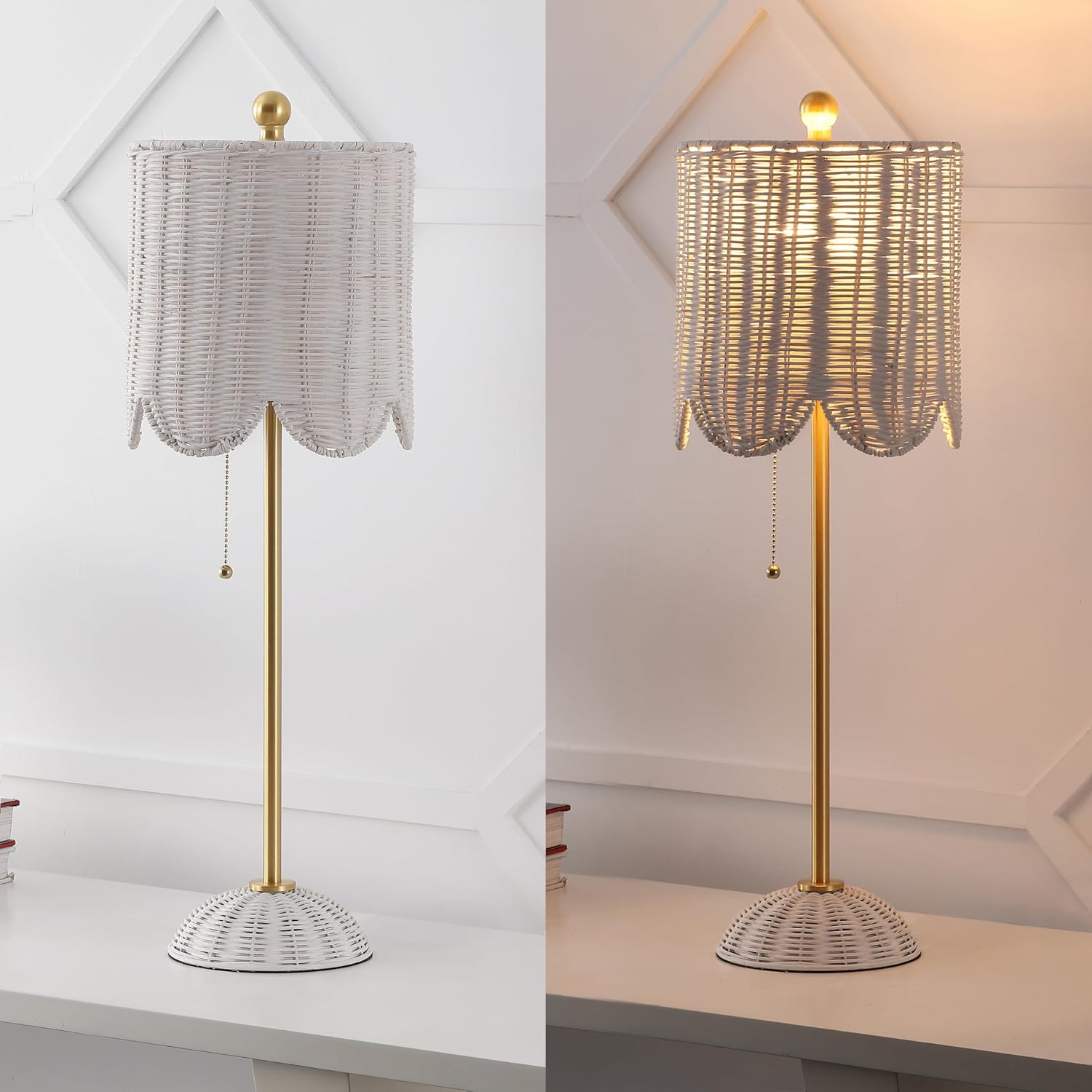 JONATHAN Y 27.5' White/Brass Gold Coastal Buffet Table Lamp Set of 2 for Bedroom, Boho Table Lamps with Natural Rattan Scalloped Shade, Pull Chain, LED Bulbs Included (JYL1138B-SET2)