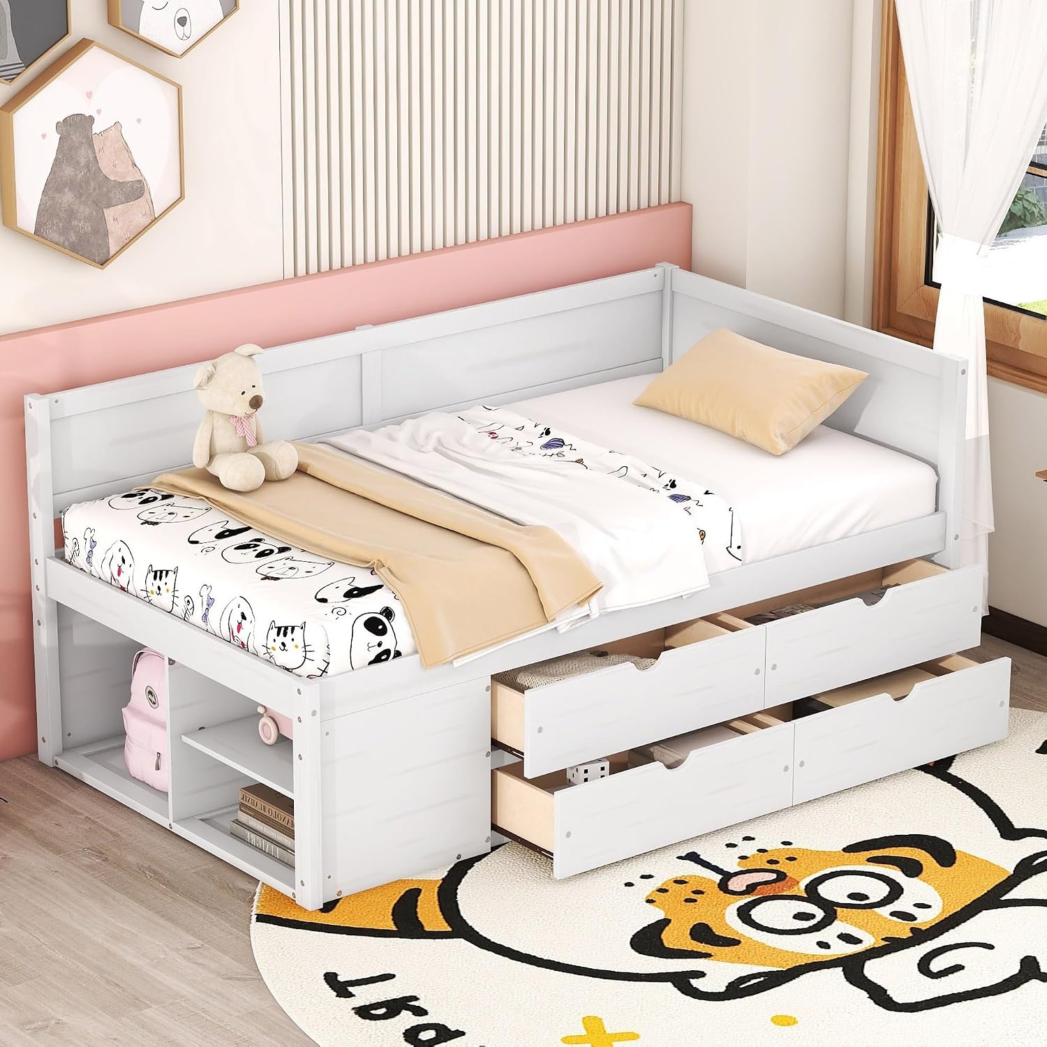 Twin Size White Daybed with Storage Drawers and Shelves,Wooden L-Shaped Corner Day Bed with Headboard & Bookcase for Boys,Girls,Small Room, Guest Room, kids'Room