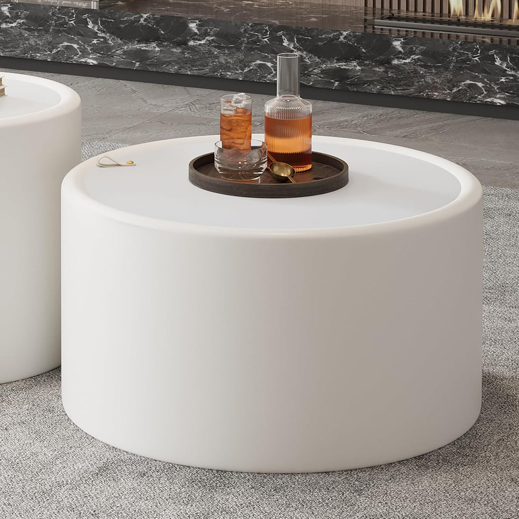 White Round Coffee Table with Hidden Storage, 27.56' Drum Coffee Table with Tempered Glass Top and PU Leather Body, Circle Cocktail Tea Table for Living Room, No Assemble