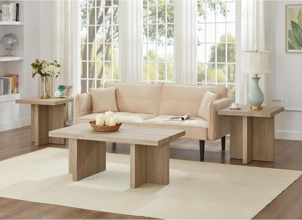 Roundhill Furniture Mchome 3-Piece Coffee Table Set, Coffee Table and Two End Tables, Oak Finish