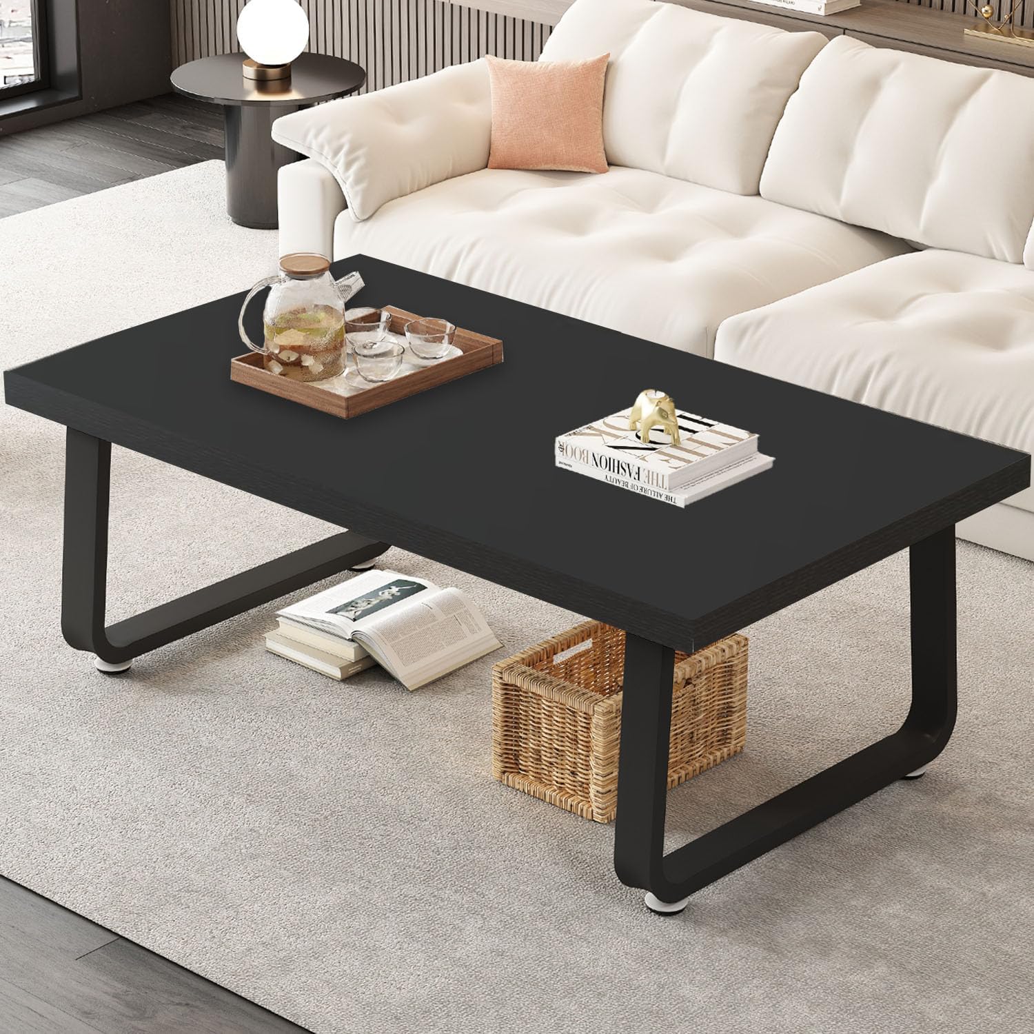 HSH Black Modern Coffee Table, Rustic Wood and Metal Center Table, Farmhouse Simple Living Room Coffee Tables, Industrial Minimalist Wooden Tea Coffee Table for Bedroom Home Office, Black Oak, 39 in