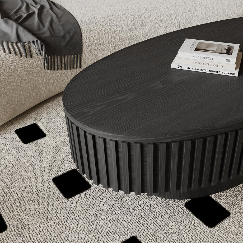 Black Oval Coffee Table with Storage for Living Room Fluted Coffee Table with Lid 47.2'' Modern Olive-Shaped Center Tables Pedestal Accent Tea Table for Apartment