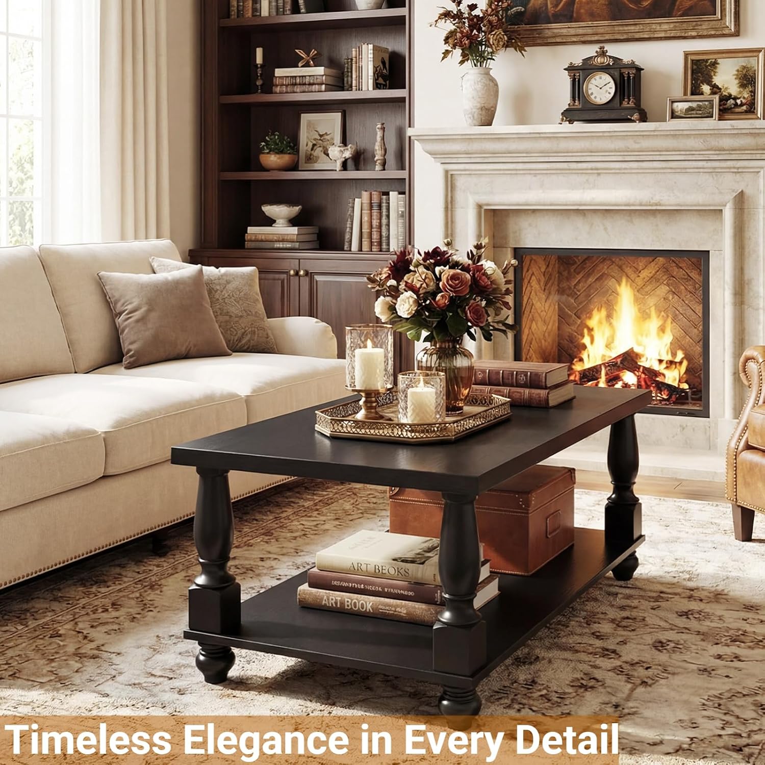 Homieasy Farmhouse Coffee Table with Storage, 47' Rectangular Living Room Center Table with Solid Wood Legs and Thickened Top, 2-Tier Wood Coffee Table with Turned Legs, Easy Assembly, Black