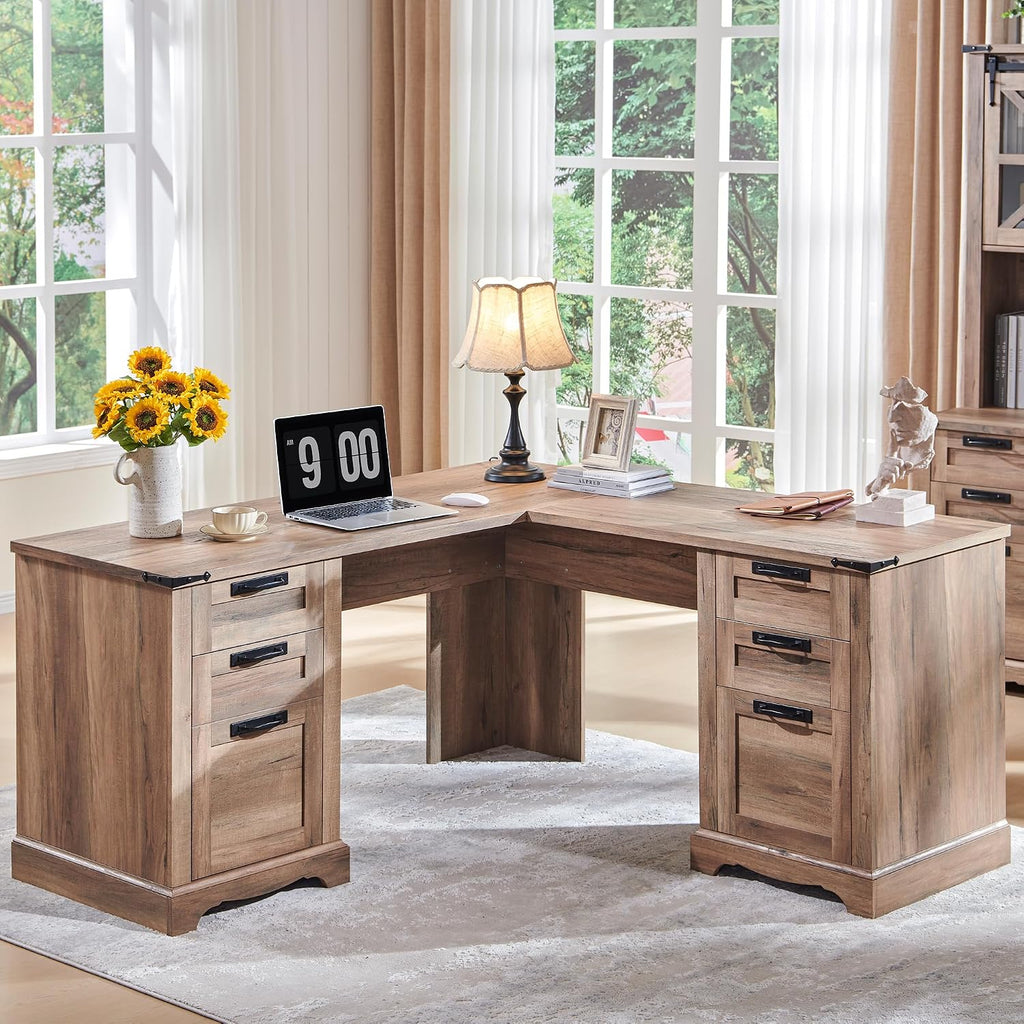 RedLemon 60' Farmhouse L Shaped Executive Desk, Rustic Oak | Home Office Corner Desk, Charging Station, Storage Cabinet, File Drawer, 3 Box Drawers, Rustic Computer Writing Desk
