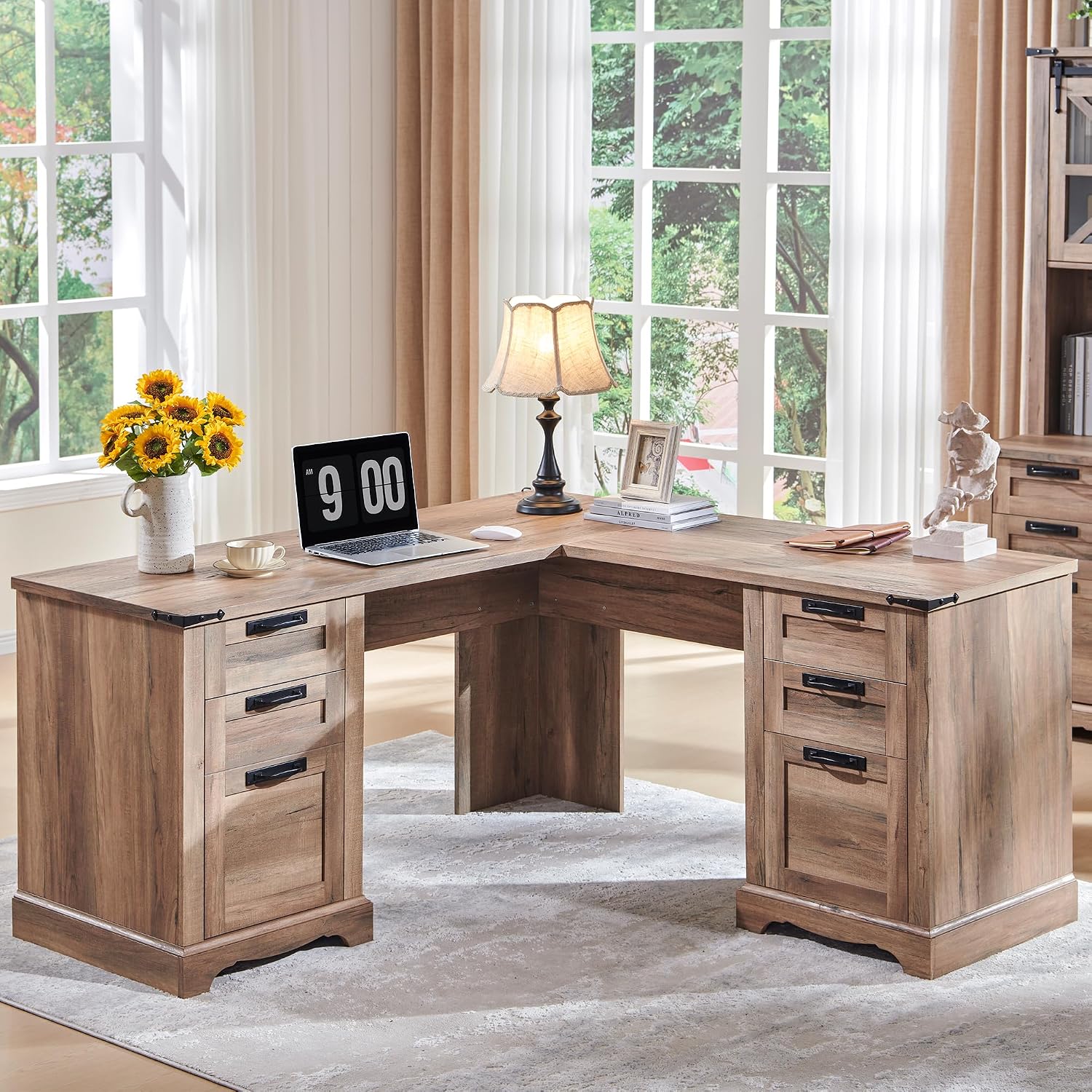 RedLemon 60' Farmhouse L Shaped Executive Desk, Rustic Oak | Home Office Corner Desk, Charging Station, Storage Cabinet, File Drawer, 3 Box Drawers, Rustic Computer Writing Desk
