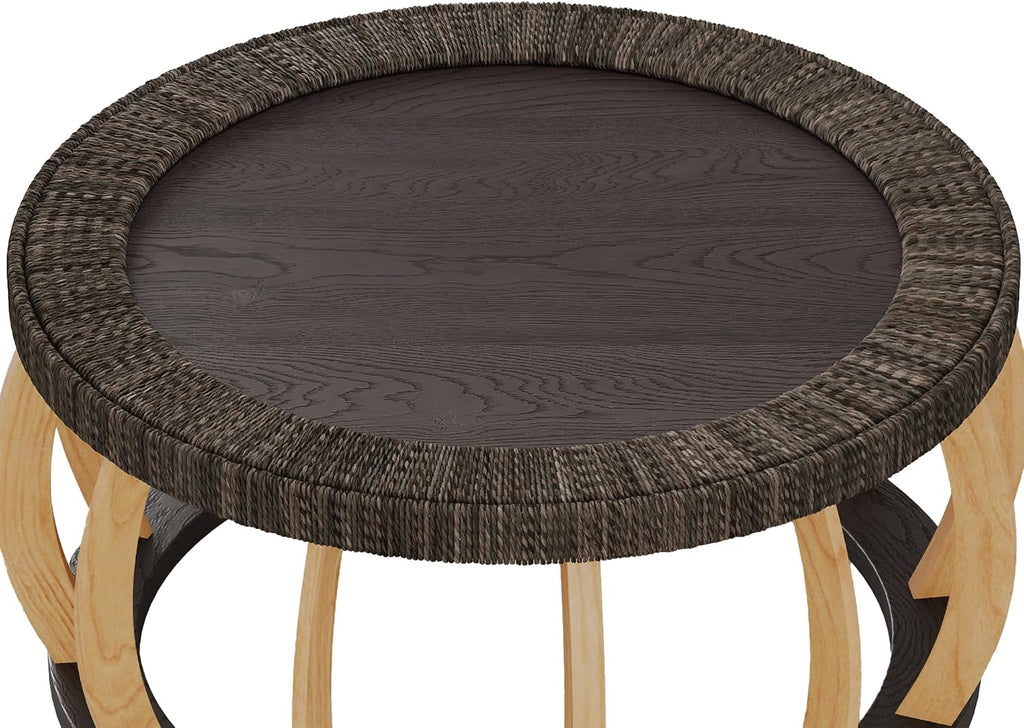 JIJIWANG 35.43' Rattan Round Coffee Table with Solid Wood Top, Vintage Accent Table with Curved Legs, Boho Side Tables for Dining Room, Kitchen, Living Room, Black Brown