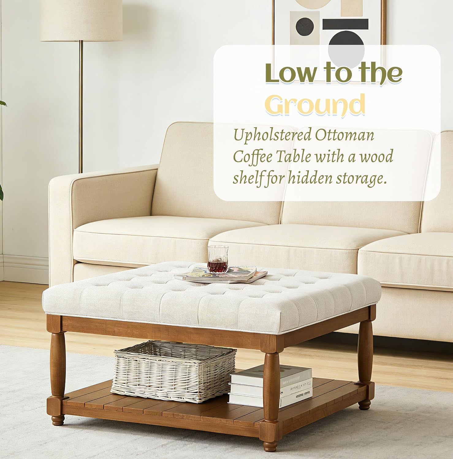Ottoman Coffee Table, Upholstered Square Coffee Table with Storage Solid Wood Shelf, Linen Large Footrest Ottoman Pouf for Living Room, Ivory