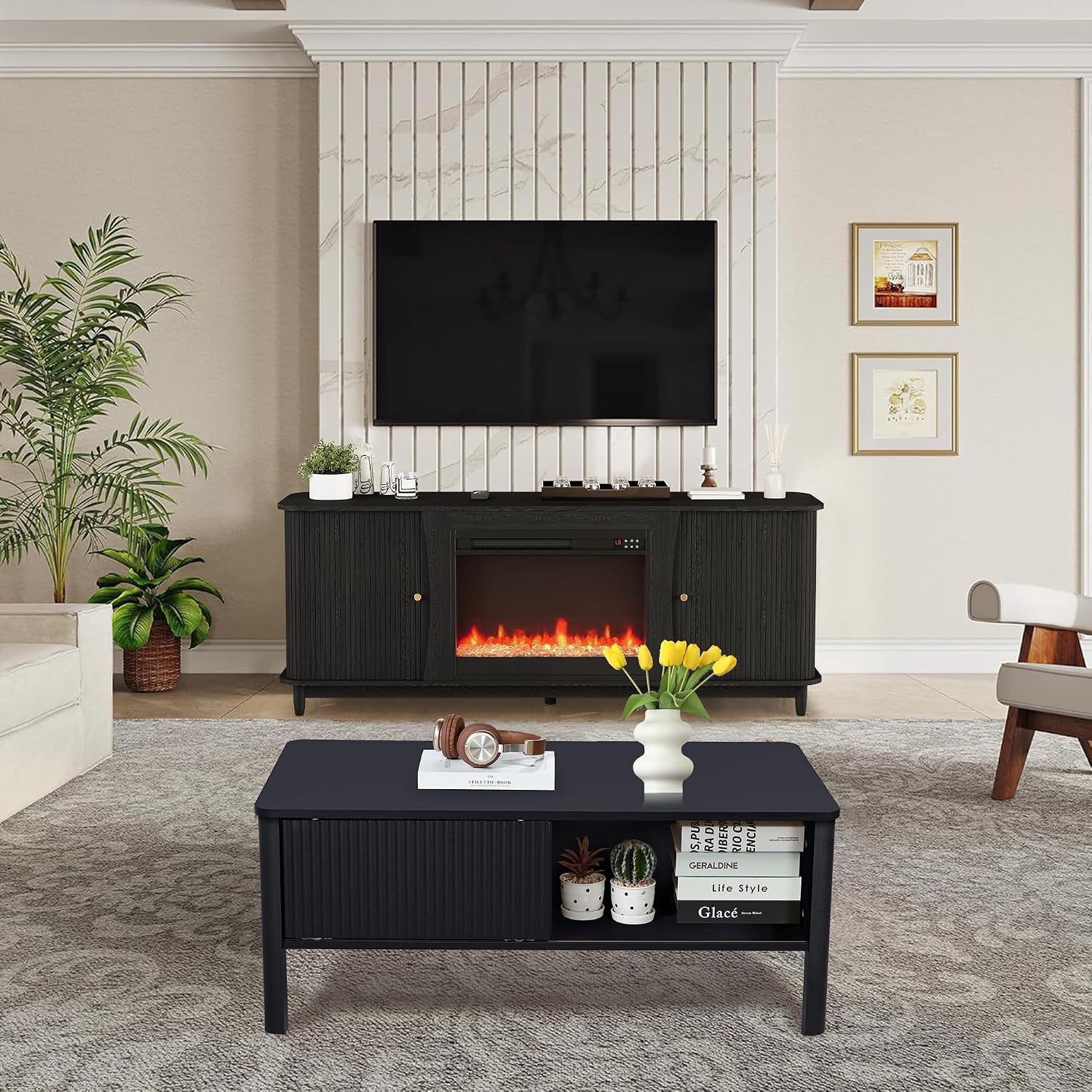 TV Stand and Coffee Table Set, Rectangle Fluted Coffee Table and TV Stand with Storage and Sliding Doors, Living Room Coffee Table and TV Stand Set, Mid Century Modern and Low Small (Black)