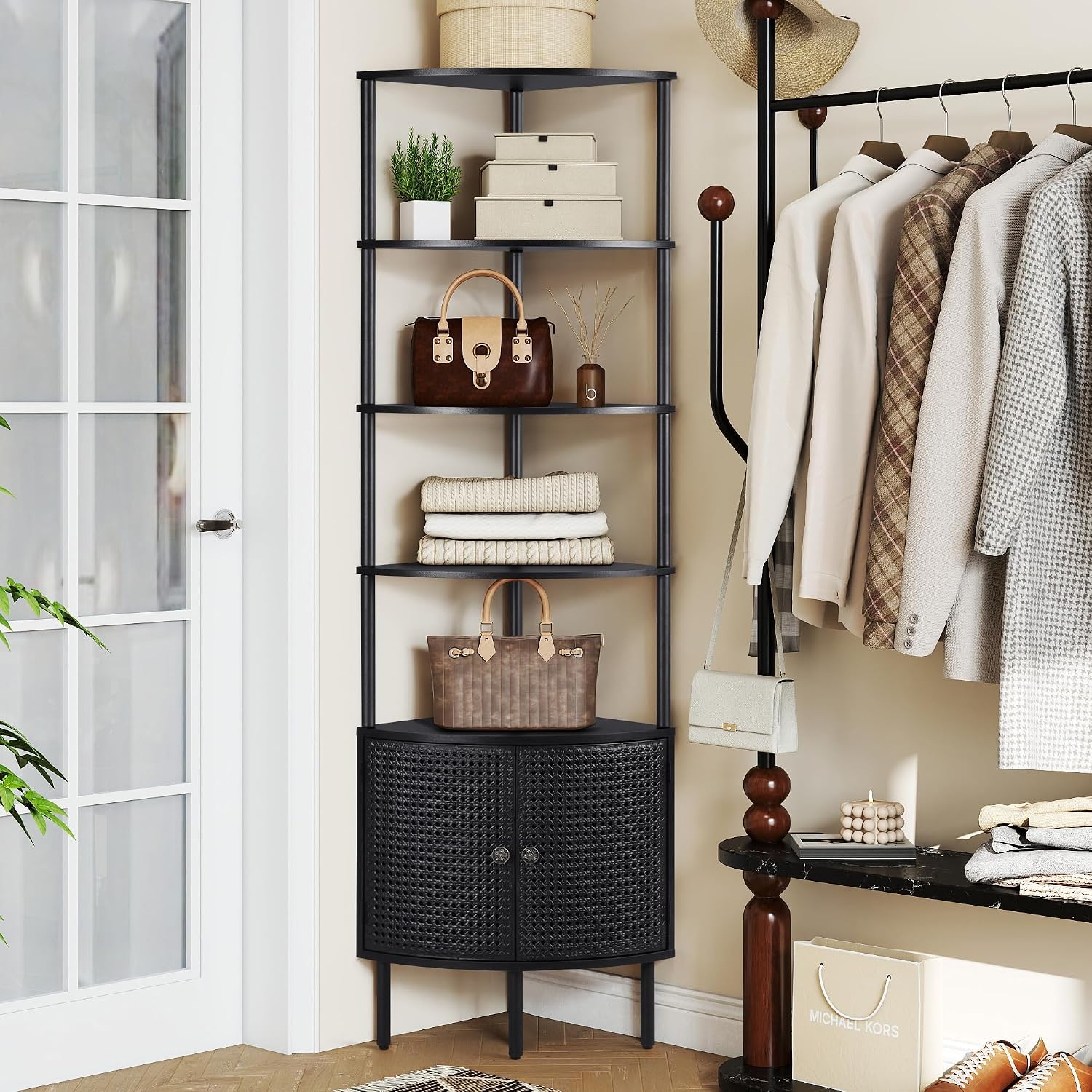 Corner Book Shelf Organizer, Black Bookshelf with Doors, Tall Bookshelf Organizer, 5 Shelf Bookcase Shelf, Metal Book Shelf for Bedroom,Bathroom,Living Room,Kitchen - Black