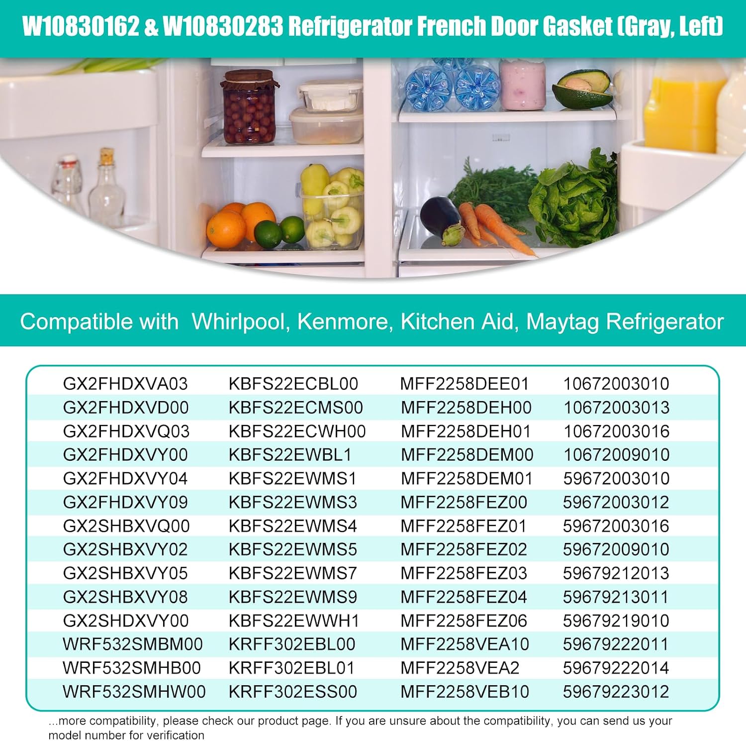 Upgraded W10830162 (Right) & W10830283 (Left) Refrigerator French Door Seal Gaskets Part for Whirlpool Refrigerator Gasket Seal Replacement for Kitchen-Aid & Ken-more Parts Replace Door Seal