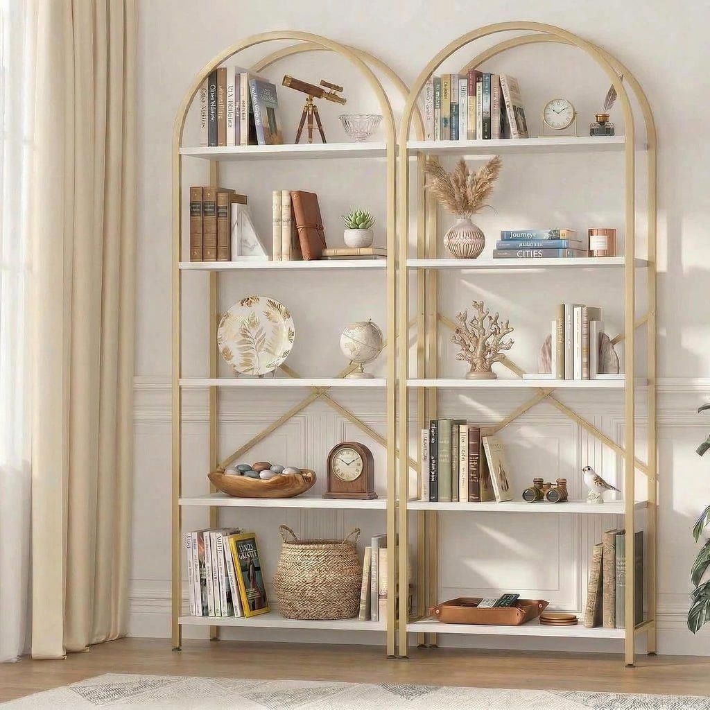 Takywep Bookshelf, Arched Bookcase with Metal Frame 5 Tiers Bookshelf Industrial Arched Cabinet Display Shelf Floorstanding Storage Shelving Unit for Bedroom Living Room Home Office, White and Gold