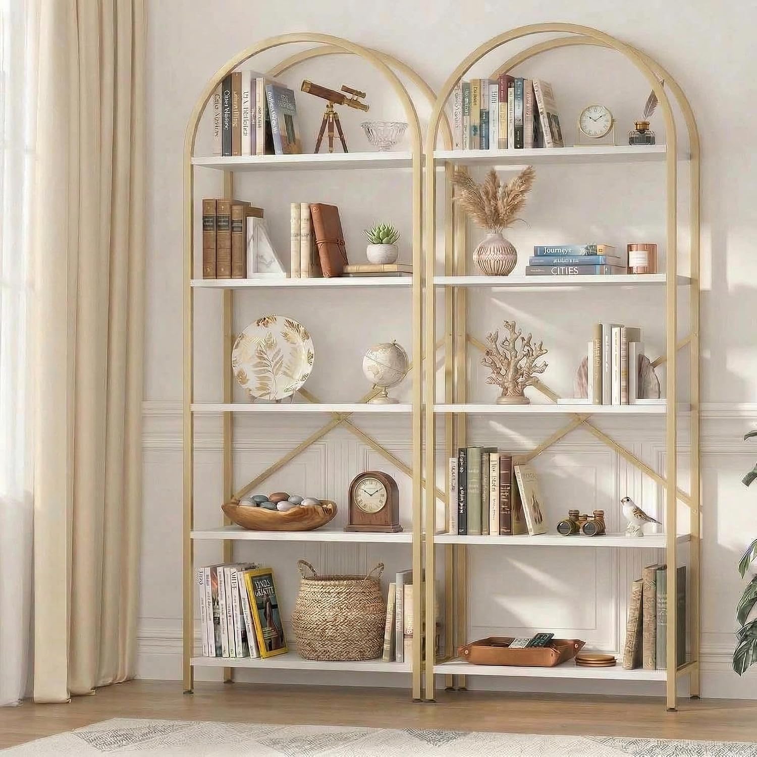 Takywep Bookshelf, Arched Bookcase with Metal Frame 5 Tiers Bookshelf Industrial Arched Cabinet Display Shelf Floorstanding Storage Shelving Unit for Bedroom Living Room Home Office, White and Gold