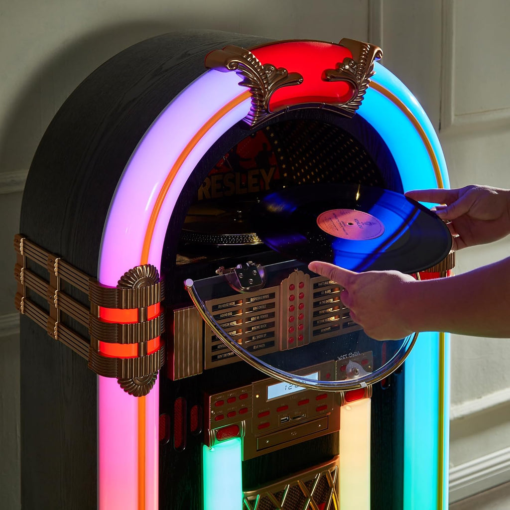 Arkrocket x Elvis Presley Jukebox Saturn V Full Size Bluetooth Vinyl Record Jukebox CD Player Vintage Radio Retro Turntable Classic Jukebox with Black Stand (Elvis Saturn V + Stand - Black)