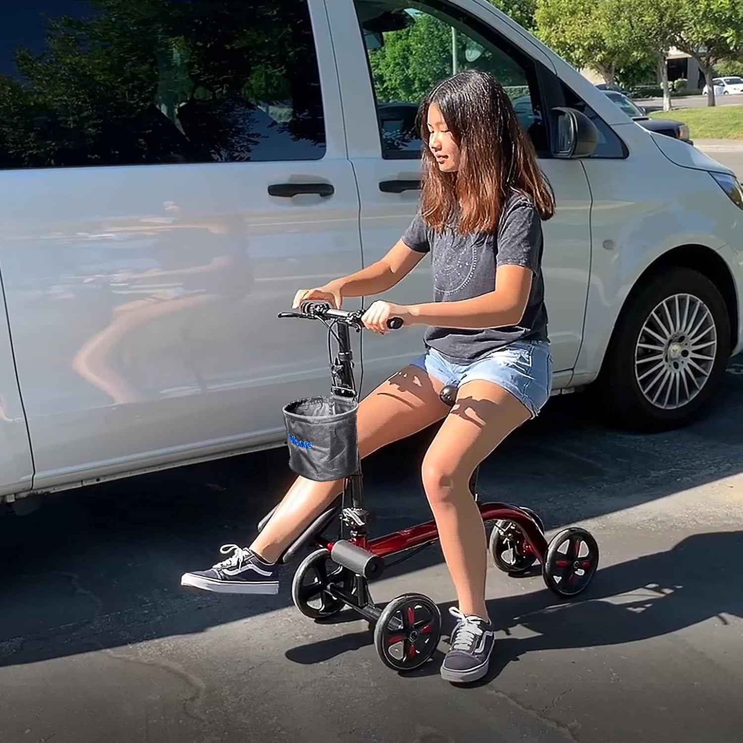 Smooth Seated Knee Scooter, Slow Propelled Steerable Mobility Knee Walker Crutches, Wheelchair Alternative with Dual Brakes, Fits Height of 5'2'-6'3' (Solid Rubber Tires, Cobalt Blue)