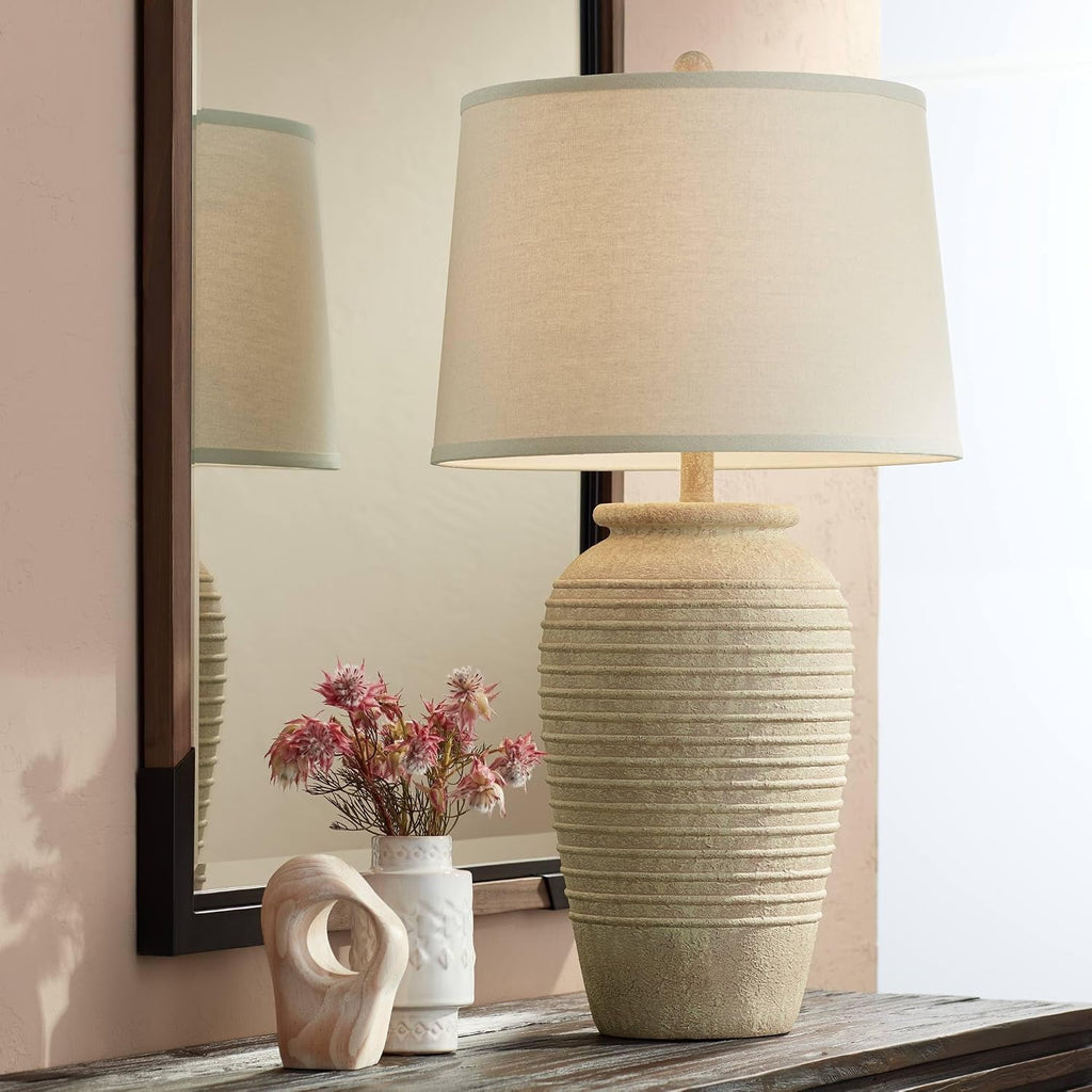 John Timberland Austin Country Cottage Southwest Style Jug-Shaped Table Lamp 28' Tall Sand Tone Desert Ridged Cream Linen Drum Shade for Living Room Bedroom House Bedside Nightstand Home Office