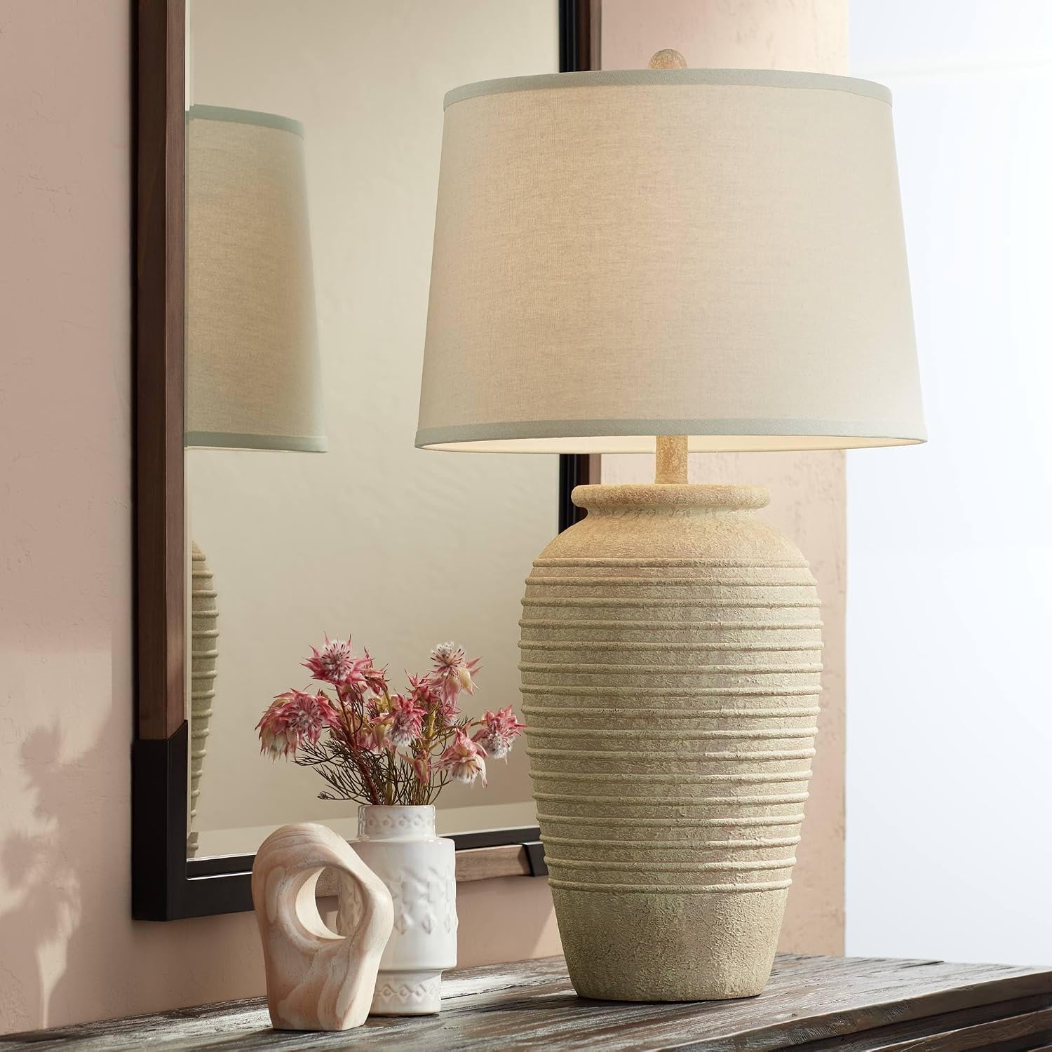 John Timberland Austin Country Cottage Southwest Style Jug-Shaped Table Lamp 28' Tall Sand Tone Desert Ridged Cream Linen Drum Shade for Living Room Bedroom House Bedside Nightstand Home Office