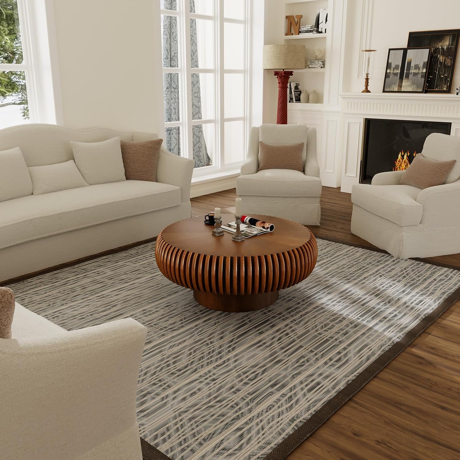 31.5' Drum Coffee Table Modern Unique Fluted Tea Table Contemporary Wood Round Coffee Table with Fluted Centry Table for Living Room Walnut (31.5' Walnut)