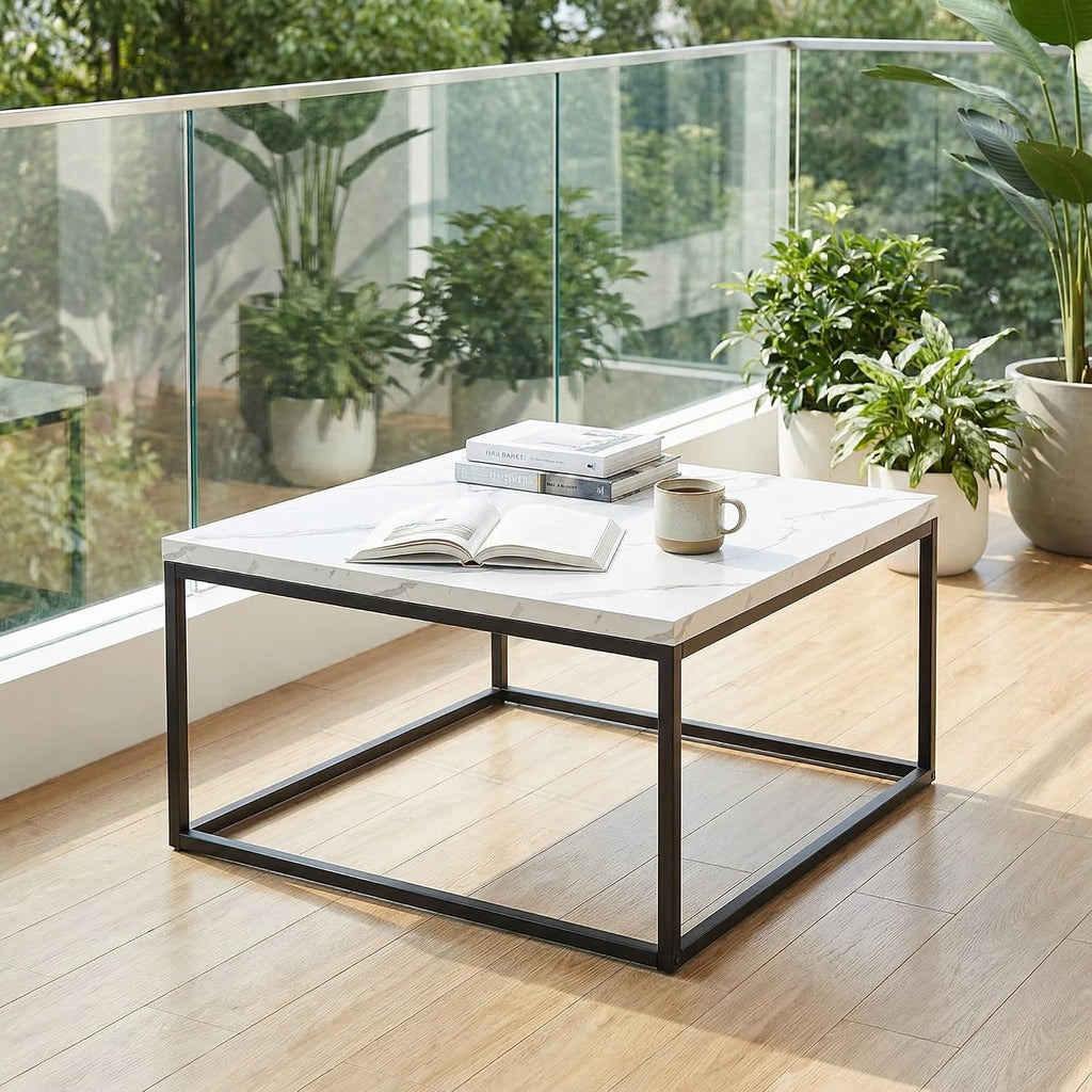 CENSI 30' Square Coffee Table, White Faux Marble Center Table for Living Room, Modern Minimalist Cocktail Table with Black Metal Frame, Extra Thick 1.2' Wood Top, Sturdy & Easy Assembly