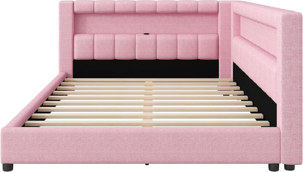 Upholstered Full XL Size Daybed with LED and USB Ports, L-Shaped Corner Day Bed with Storage Shelves Headboard,Space Saving for Girls Adults Kids Boys, Pink