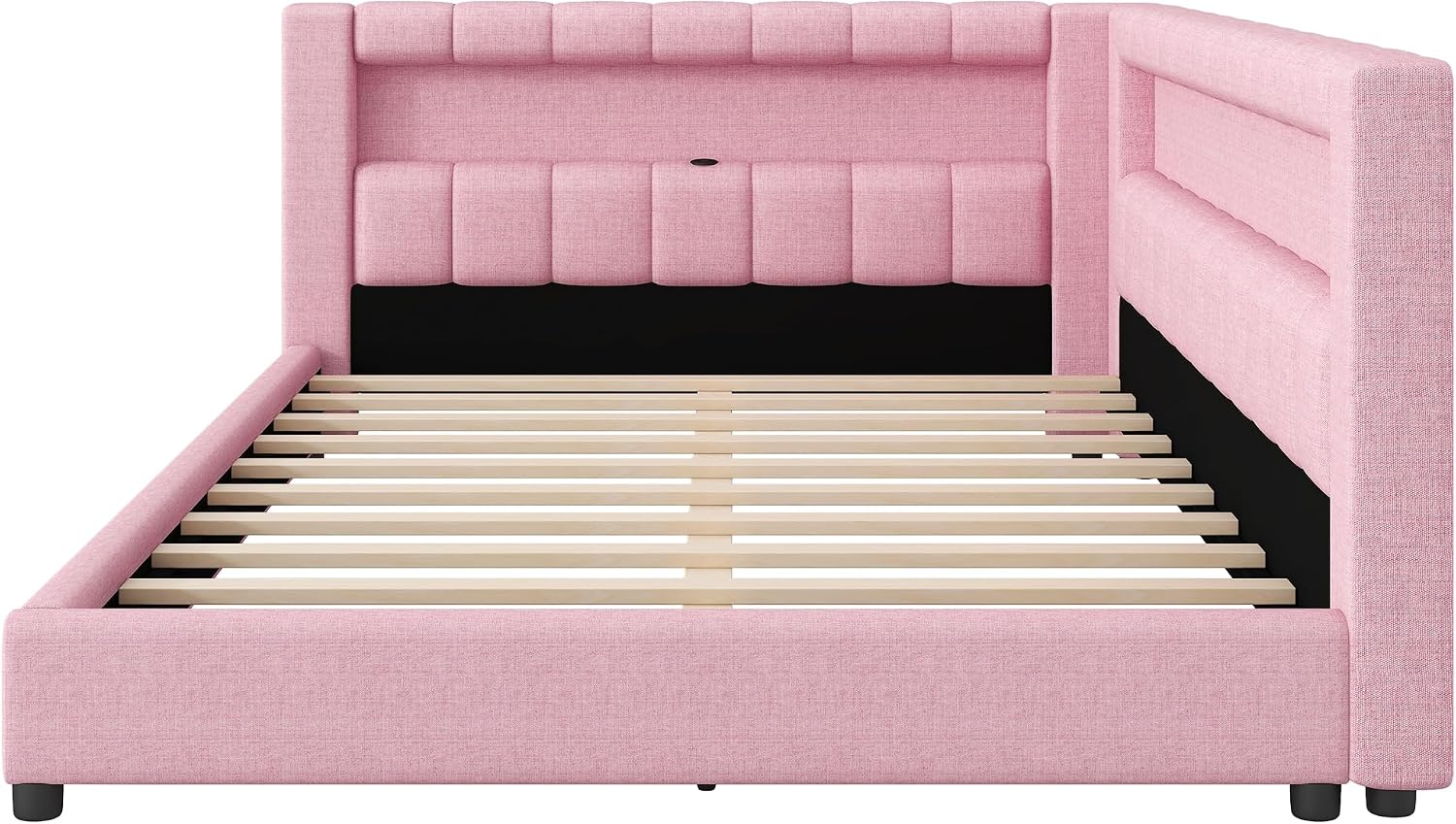 Upholstered Full XL Size Daybed with LED and USB Ports, L-Shaped Corner Day Bed with Storage Shelves Headboard,Space Saving for Girls Adults Kids Boys, Pink