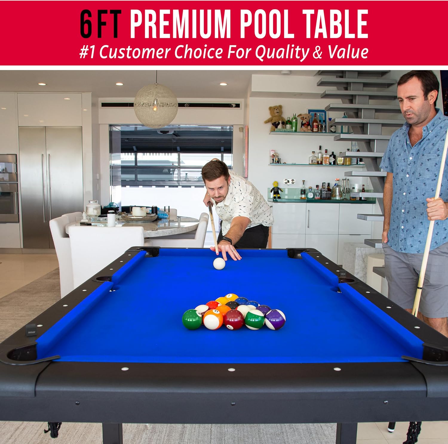 GoSports 6, 7, or 8 ft Billiards Tables - No Assembly, Choose Your Color - Portable Pool Table Includes Full Set of Balls, 2 Cue Sticks, Chalk and Felt Brush