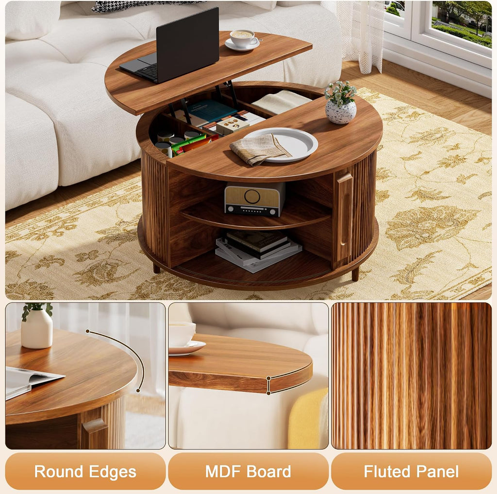 Round Lift Top Coffee Table, 31.5' Fluted Wood Lift Up Center Table with Sliding Door & Hidden Storage, Mid Century Modern Coffee Table for Living Room & Home Office (Walnut)