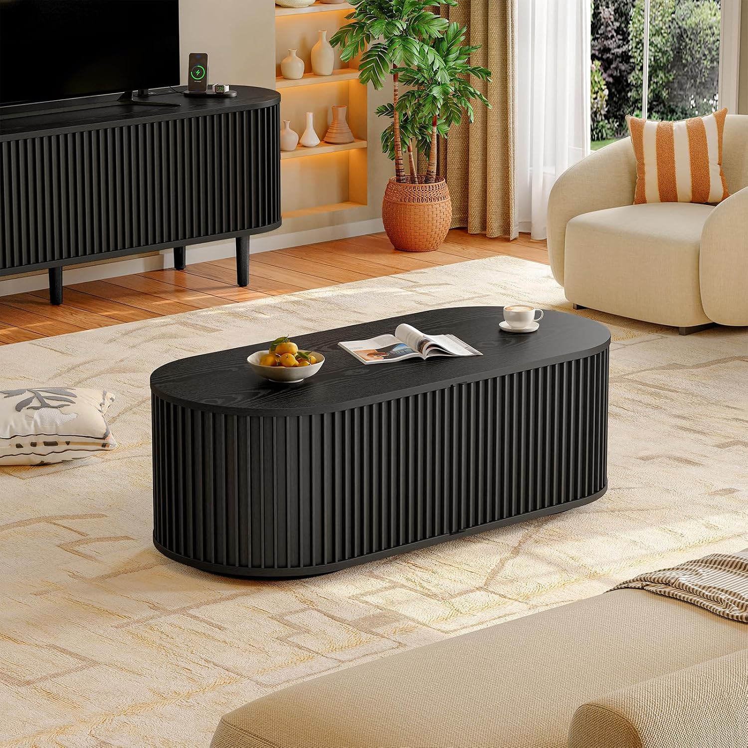 ONBRILL 47' Multi-Functional Coffee Table with Storage, Oval Coffee Table with Vertical Striped Sliding Door & Round Base, Mid-Century Modern Center Table with Adjustable Shelf for Living Room, Black