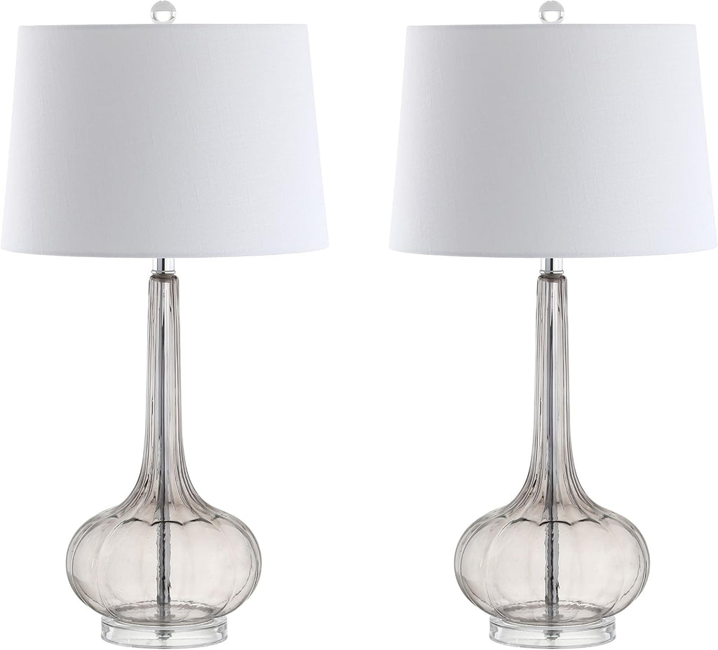 JONATHAN Y 28.5' Smoke Gray Glass Teardrop LED Table Lamp Set of 2 for Living Room Bedroom Nightstand, White Linen Shade Modern Transitional Bedside Desk Lamp (JYL1079D-SET2)