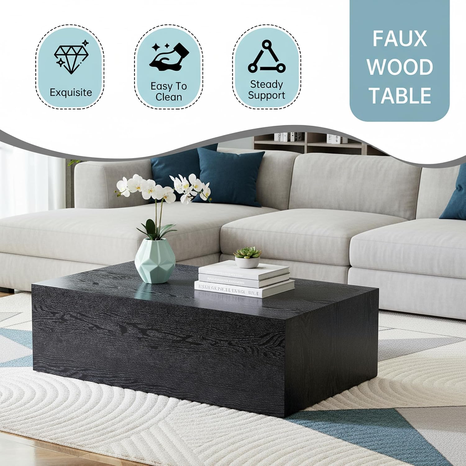 Rectangular Cube Coffee Tables, 300 lbs Minimalist Wood Cube Coffee Table, Low Profile Wood Block Coffee Tables with Anti-Slip Floor mats, with livingroom/Apartment Modern Coffee Table, Black