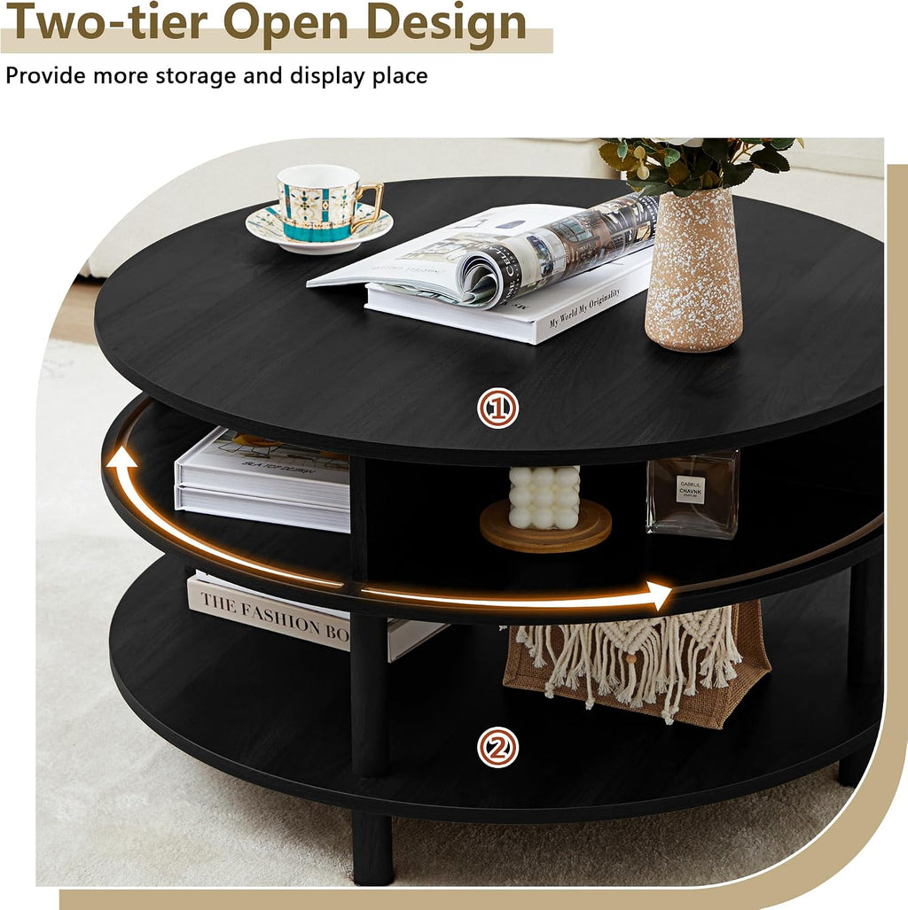 RARZOE 31.5' Round Coffee Table with Storage, Wood Circle Coffee Table with Sliding Cabinet Doors, Fluted Dining Table Accent Center Table for Living Room Home Office Apartment, Black
