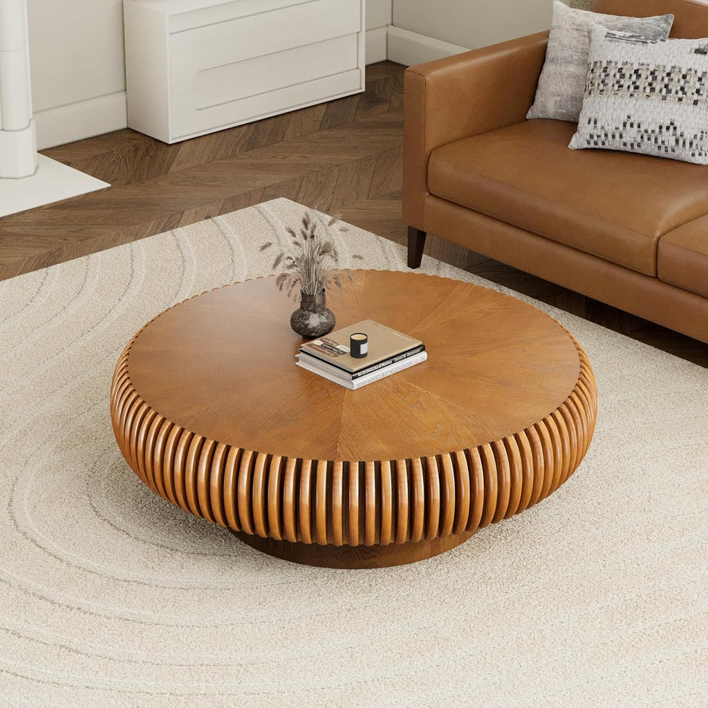 Fluted Drum Coffee Table Round Coffee Table for Living Room Mid Century Modern Coffee Tables with Sturdy Pedestal Circle Center Tea Table Accent Tea Table for Small Space Apartment (39.4inch Brown)