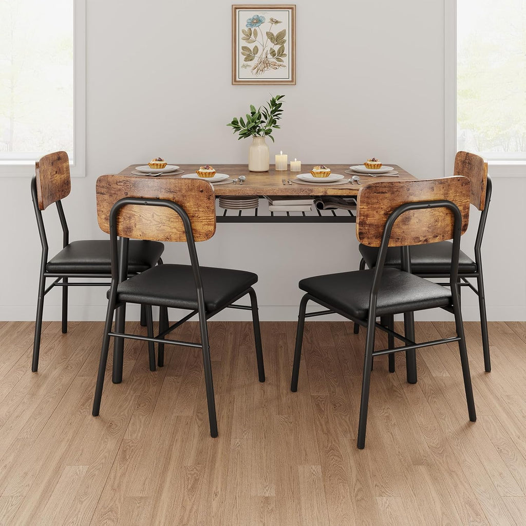 GarveeHome Dining Table Set for 4 with Storage Rack, 5-Piece Kitchen Table and Upholstered Chairs of 4, Wood Tabletop & Heavy-Duty Metel Frame, Dining Room Set for Small Space, Apartment, Brown