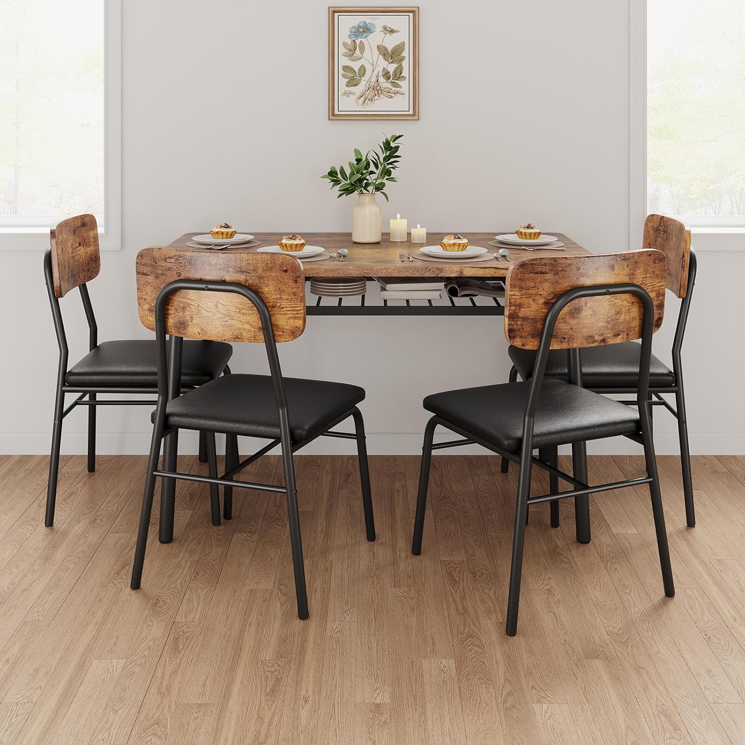 GarveeHome Dining Table Set for 4 with Storage Rack, 5-Piece Kitchen Table and Upholstered Chairs of 4, Wood Tabletop & Heavy-Duty Metel Frame, Dining Room Set for Small Space, Apartment, Brown