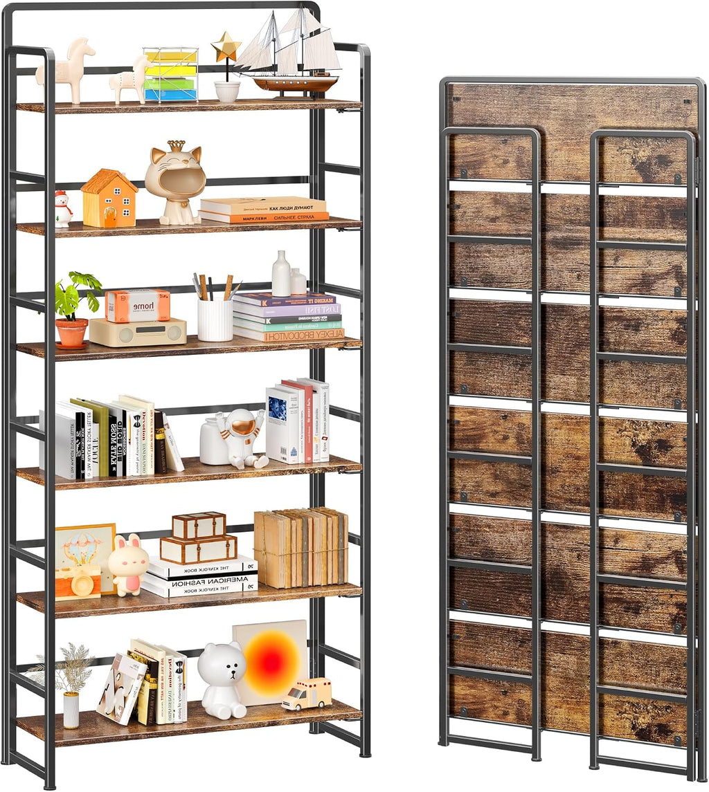 4NM No Assembly Extra Wide 6 Tiers Folding Bookshelf Storage Shelves Vintage Bookcase Standing Racks Study Organizer Home Office (Rustic Brown Black)