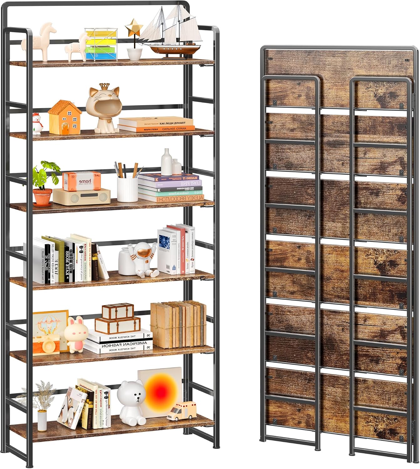 4NM No Assembly Extra Wide 6 Tiers Folding Bookshelf Storage Shelves Vintage Bookcase Standing Racks Study Organizer Home Office (Rustic Brown Black)