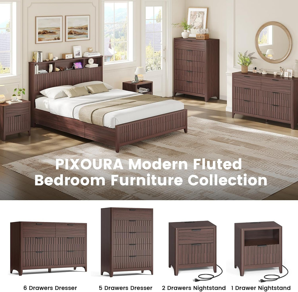 Fluted Nightstand Set of 2 with Charging Station, Modern Bedside Table with Storage Drawer, Open Shelf & Curved Corner, Night Stand End Side Table for Bedroom, Walnut