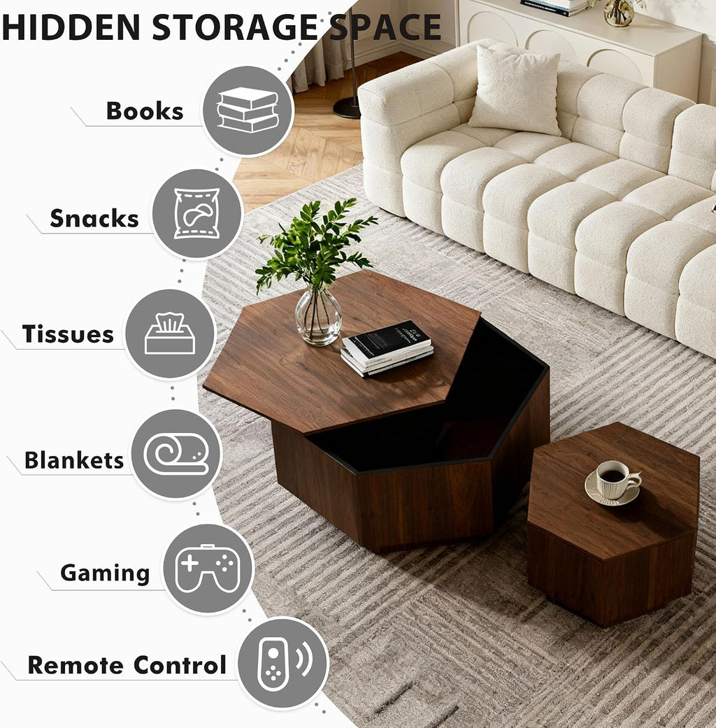 Hexagonal Nesting Coffee Tables Set of 2, Walnut Coffee Table with Storage, Mid Century Modern Center End Side Tables with Anti-Slip Feet for Living Room Farmhouse Apartment Office