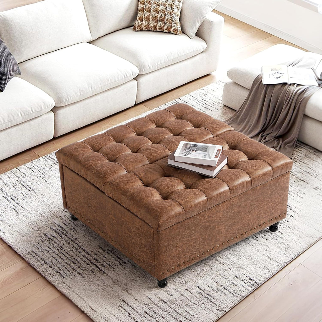 Grepatio 35.5' Large Square Storage Ottoman, Lift Top Ottoman Square Bench with Storage, Tufted Upholstered Ottomans, Ottomans Coffee Tables for Living Room, Bedroom (Brown)